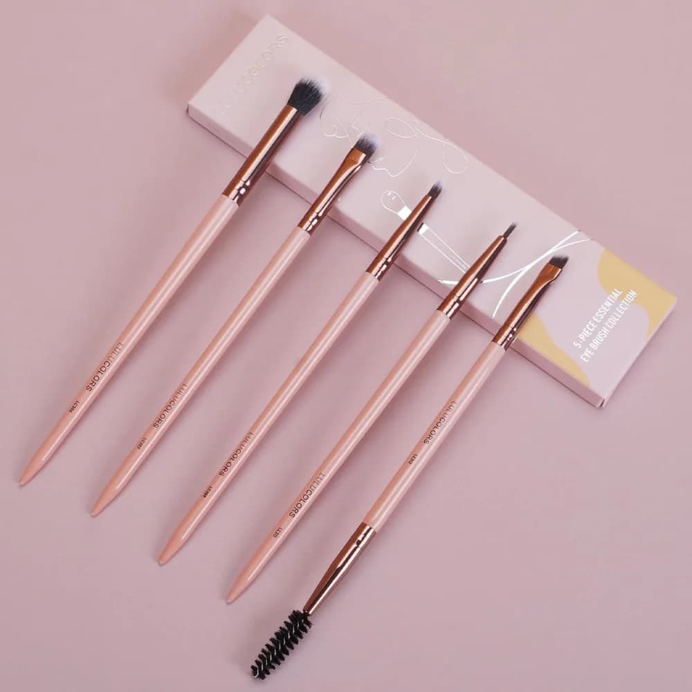 5-Piece Eye Makeup Brush Set with Pink Wooden Handles Soft Dense Synthetic Bristles Includes Blending Mini Concealer Detail Eyeliner and Dual-Ended Eyebrow Brush Complete Eye Brush Kit