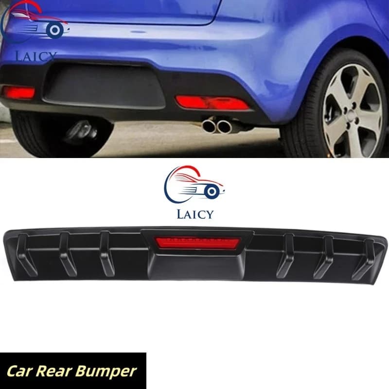 LAICY For K-ia Rio Car Rear Bumper Diffuser Lip w/ Tail Brake Stop Light Splitter Spoiler Shark Fin Lip Kit Black