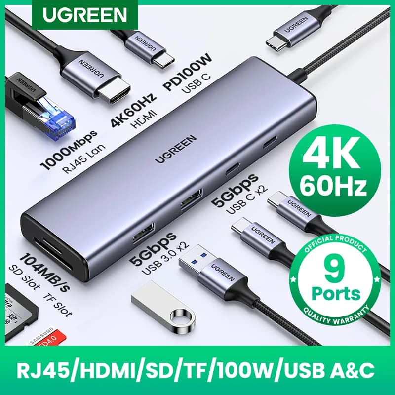 UGREEN USB C HUB 4K60Hz HDMI 9-in-1 PD100W USB3.0 5Gbps SD TF RJ45 per laptop MacBook Air Pro Windows Docking Station Splitter