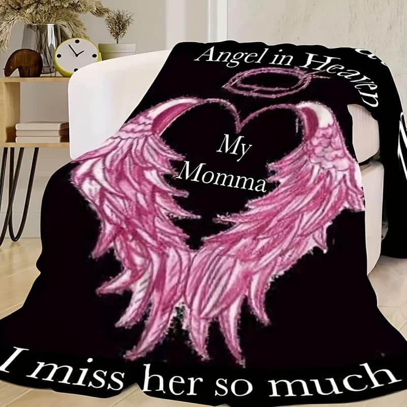Covered in flannel 'Mamma Angelo nel Cielo', Homage with Ali di Cuore, Soft Gift for Sofa, Bed, Travel
