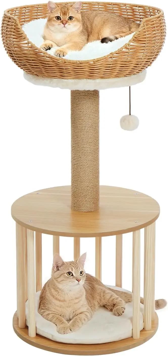 Torre per Gatti in Rattan PE da 30 Pollici con Tiragraffi, Cuccia in Legno Stile Gabbia per Uccelli, Cuscino Reversibile e Base Rinforzata