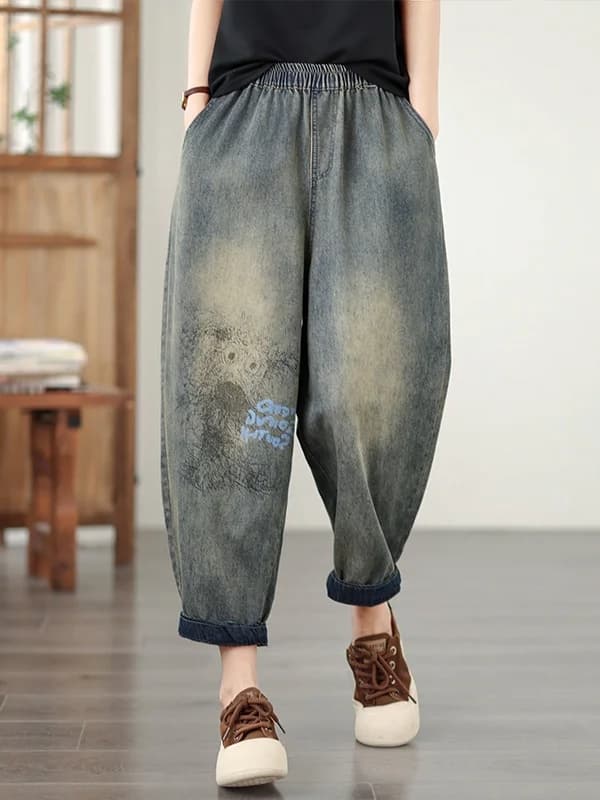Soft Denim Harlan Pants Women's Casual Loose Slimming Printed Dad Jeans Carrot Pants High Waist Cotton Polyester Blend