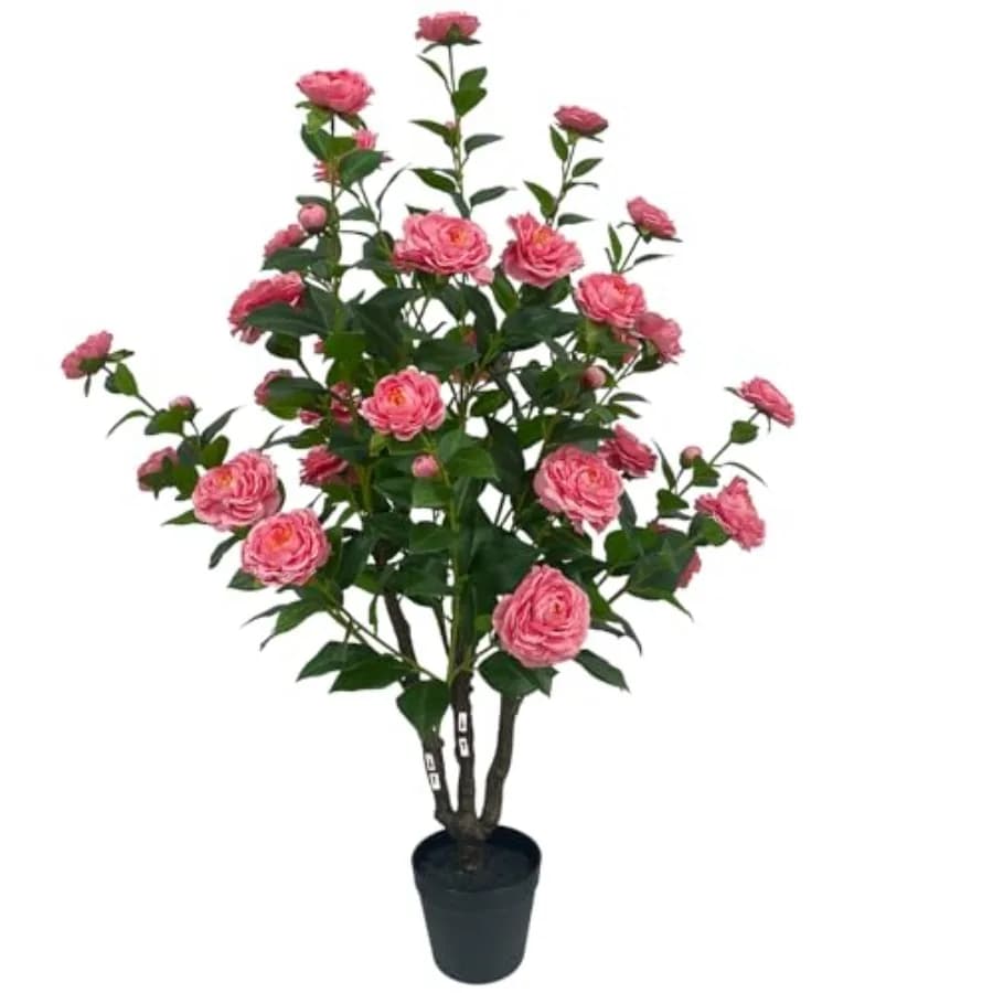 Albero di Camelia Artificiale da 40 Pollici/3,3 Piedi con Fiori Rosa Vibranti e Fogliame Verde Rigoglioso, Piante Artificiali per Interni, Casa e Giardino