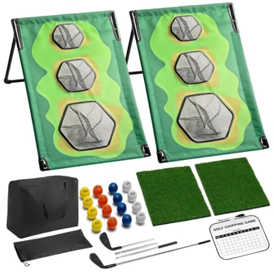 Set da gioco per golf con 2 mazze e 1 tabellone segnapunti - 2 reti da bersaglio, 2 tappetini in erba sintetica, 16 palline in schiuma, penna per la puntaletta e borsa - Per interni/esterni