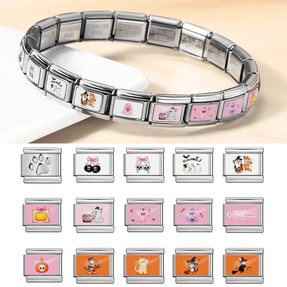 URING Halloween Ghost Pumpkin Cat Skull Fit 9mm Italian Charm Link Stainless Steel Bracelet DIY Beads Original Design Jewelry