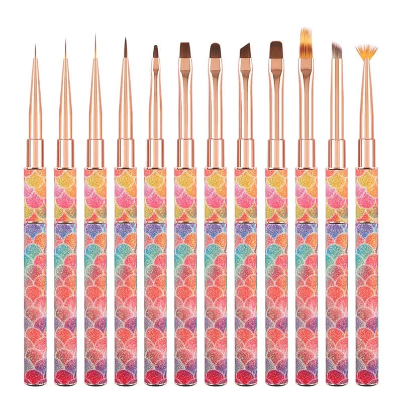 Set di 1/12 Pennelli per Nail Art con Gradiente Arcobaleno, Pennelli per Pittura Lineare, Pennelli per Unghie in Acrilico Cristallino