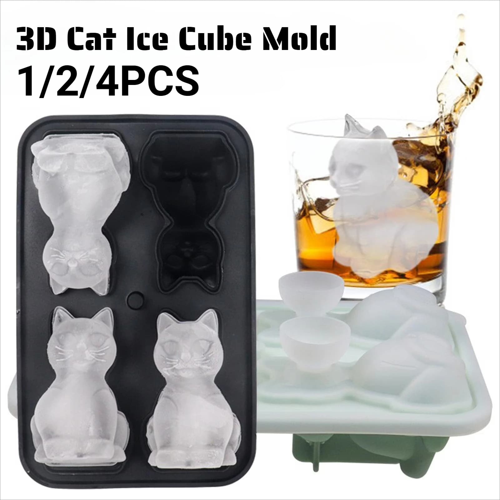 Stampo per Cubetti di Ghiaccio a Forma di Gatto 3D, 1/2/4 Pezzi, in Silicone, Facile da Sformare, Senza BPA, per Cucina e Casa