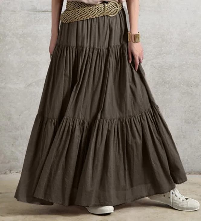 New Fashion Women Casual Long Skirts Solid Color Pleated Big Hem Elastic Waist Loose Fit Skirts Simple Style Bottoms Hot Sale