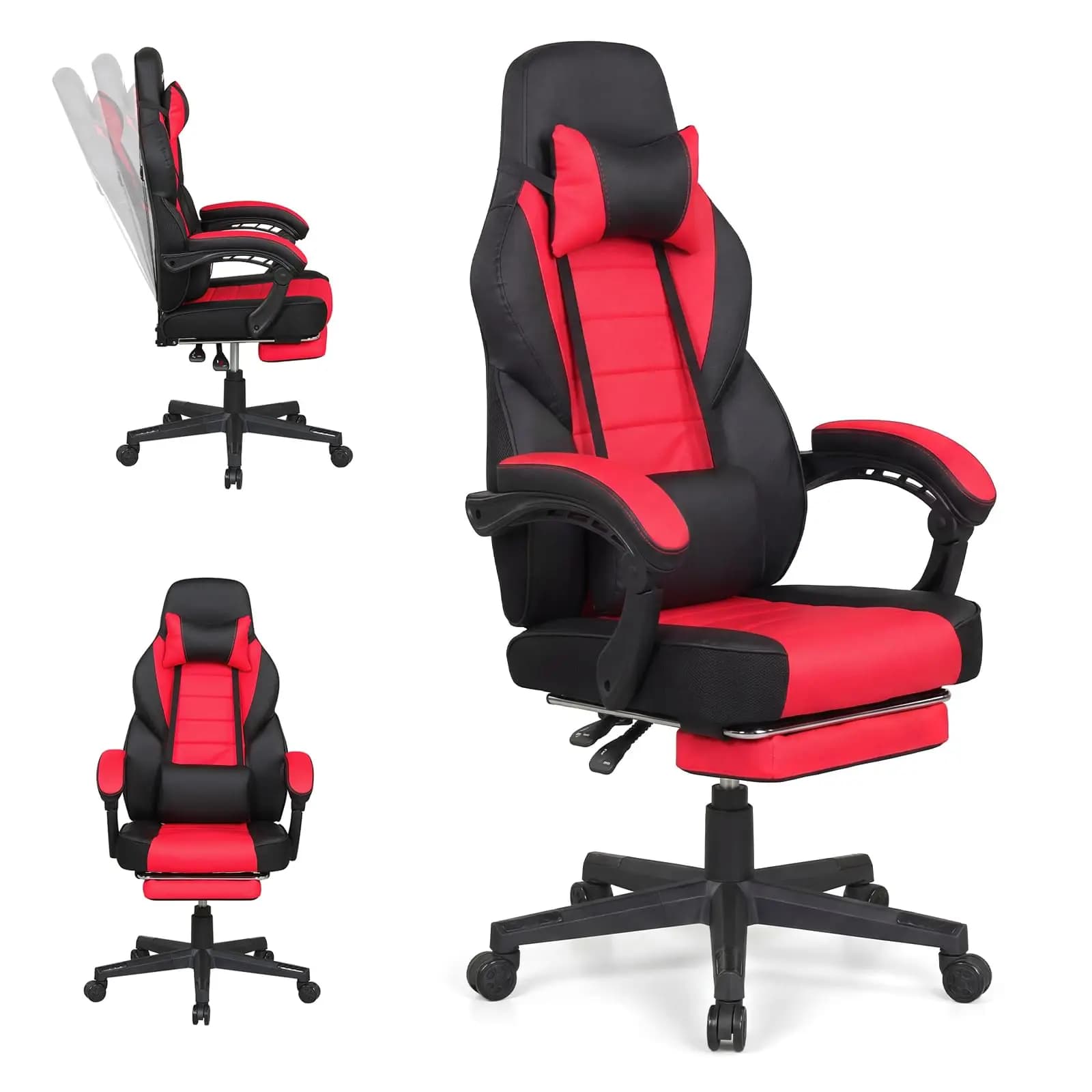Sedia da Gaming Ergonomica con Poggiapiedi, Supporto Lombare, Poggiatesta, Schienale Reclinabile, Braccioli Collegati, Altezza Regolabile, Rotazione a 360° ° Girevole