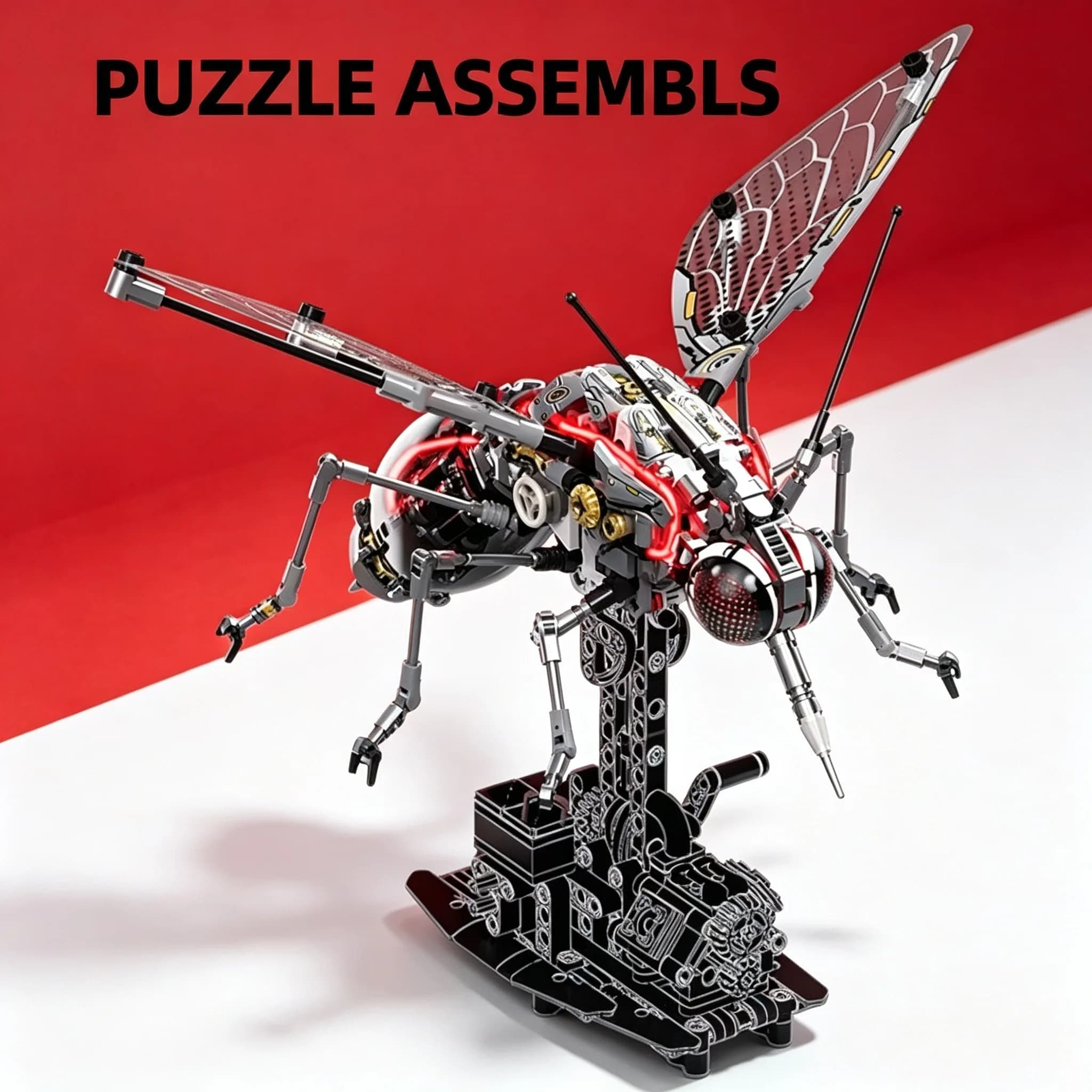 Modello di costruzione meccanica a blocchi a forma di zanzara, ornamento assemblato in stile tecnologico, decorazione creativa da scrivania per collezionisti, regalo per le vacanze