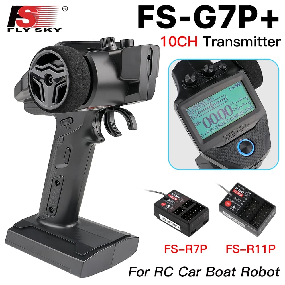 Radiocomando Flysky FS-G7P+ 10CH 300M 2.4Ghz con Ricevitore FS-R11P FS-R7P per Auto RC, Camion, Barche e Robot