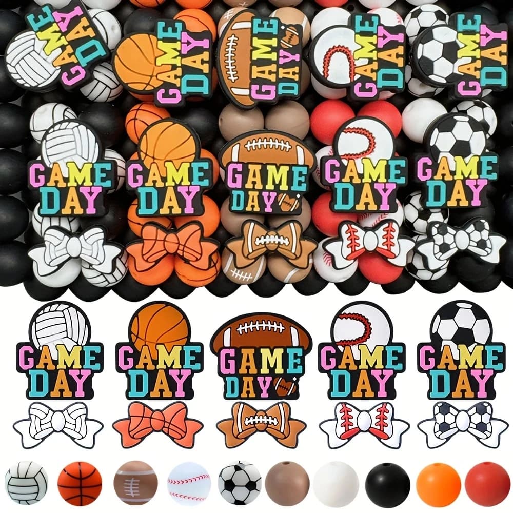 30/35/60 pieces Set of vibrating sports theme silicone beads - Soccer drawings, baseball, basketball, football, volleyball - Multi-color
