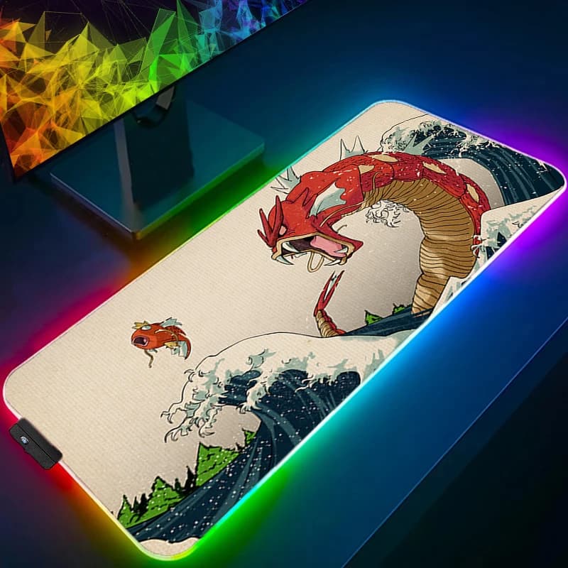 Tappetino per mouse LED 90x40 cm P-Pokemon Gyarados Anime Gaming XXL Accessori Tappetino per mouse RGB Gamer PC Tastiera per computer Tappetino da scrivania retroilluminato