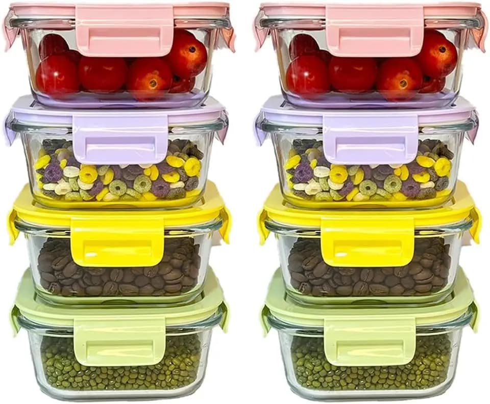 Set di 16 Contenitori in Vetro Quadrati per Alimenti con Coperchi, 16OZ, Ciotole per Preparazione Pasti Senza BPA, Piccoli Contenitori in Vetro Quadrati