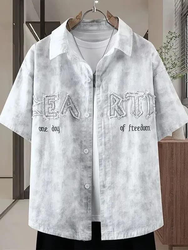 Graduated Short Sleeve Denim Shirt Jacket Men's Letter Embroidery Patchwork Loose Outerwear Casual Style Student Fashion