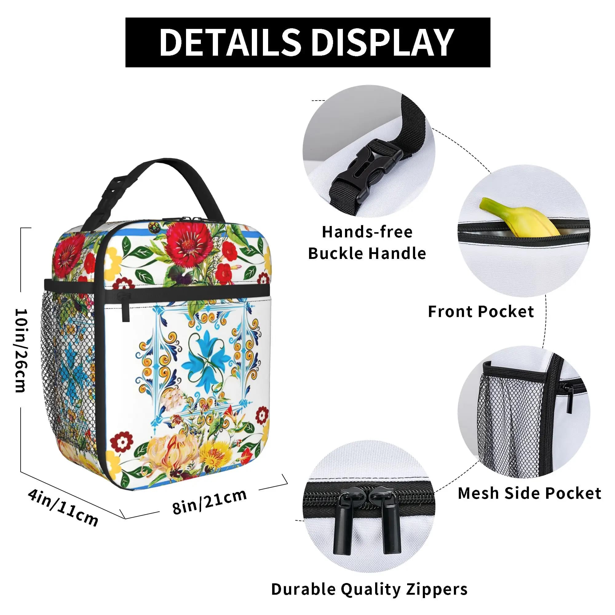 Blue Ornate Floral Lunch Bag Fashion Lunch Box For Unisex Picnic Portable Cooler Bag Oxford Print Thermal Lunch Bags