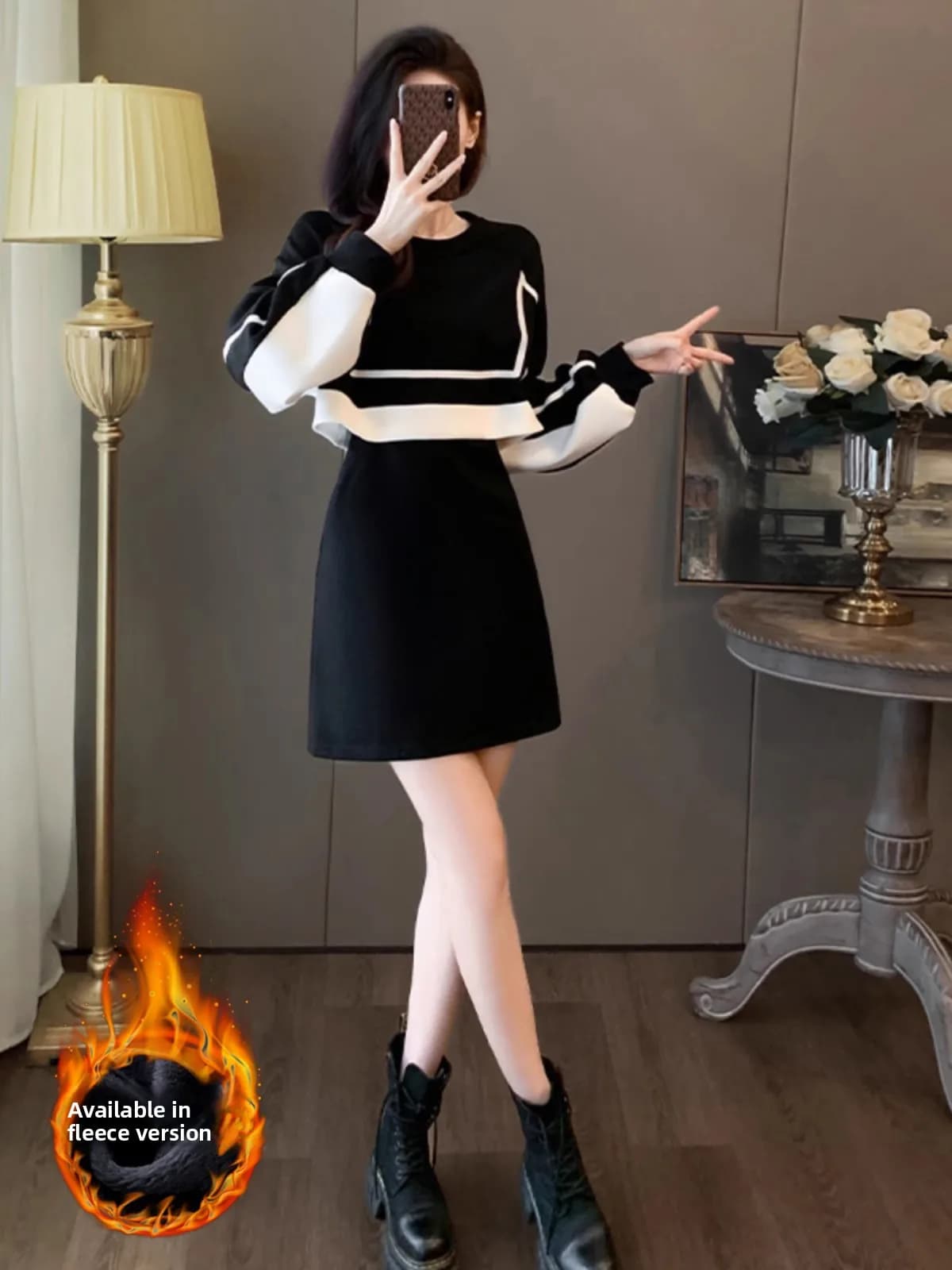 Abito Casual alla Moda con Cappuccio Foderato in Pile, Nuovo Stile Autunno Inverno da Donna, Effetto Due Pezzi con Vita Stretta, Effetto Ringiovanente