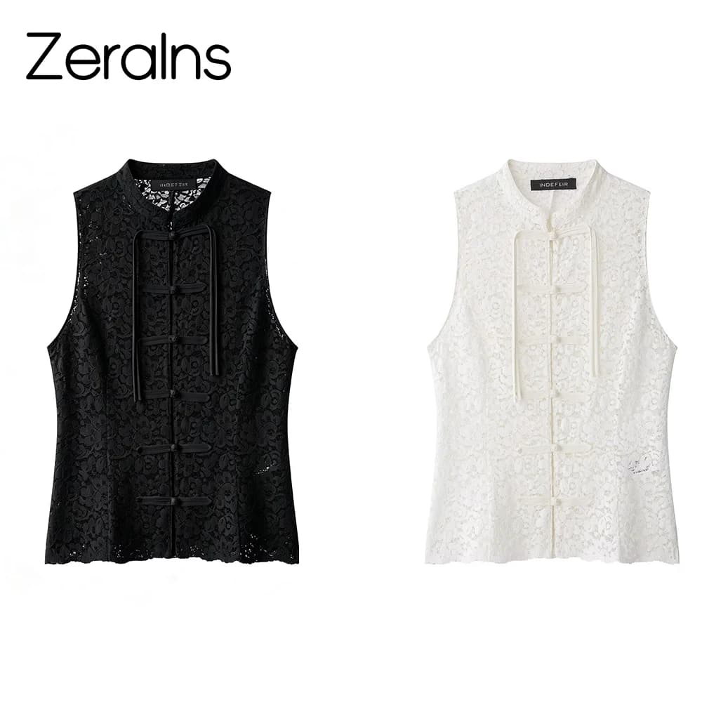 ZERAINS Summer new women's clothing new Chinese style round neck sleeveless knot buckle embellished with raised lace vest top
