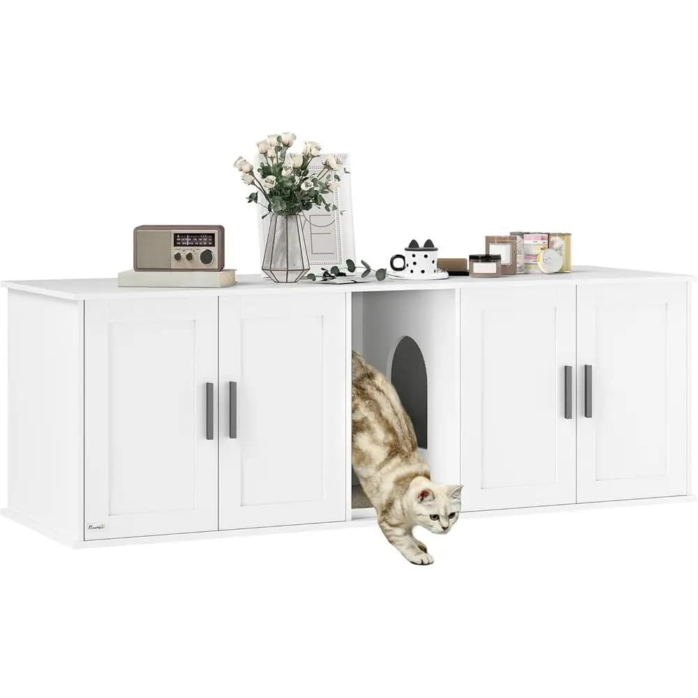 Recinto per Gatti a Doppio Scomparto con Tappetino Tiragraffi, 57x19x20, Bianco