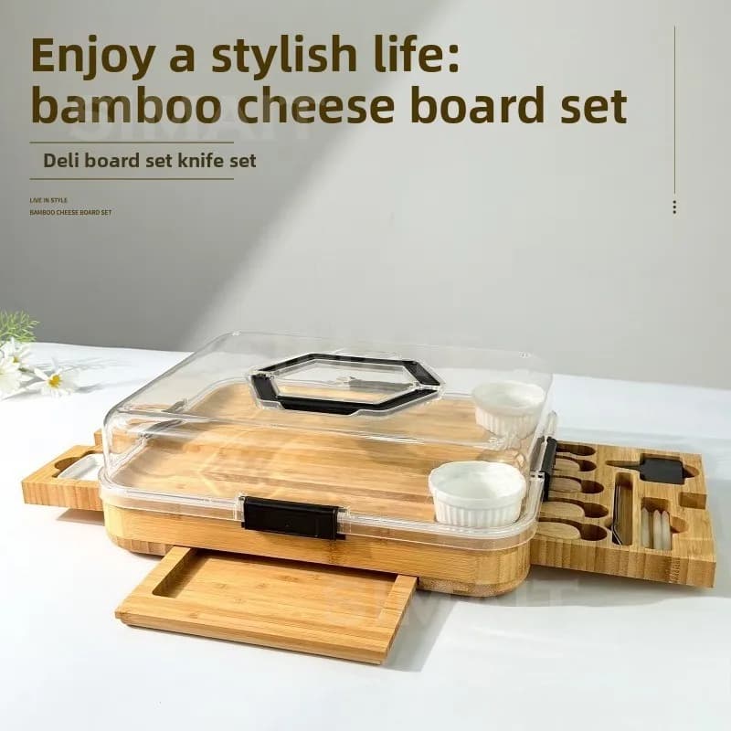 Cheese Tray with Transparent Lid, Knife and Fork Tools, Bamboo and Wood Multi-grid Dinner Plate, Party Cutting Board Tray.