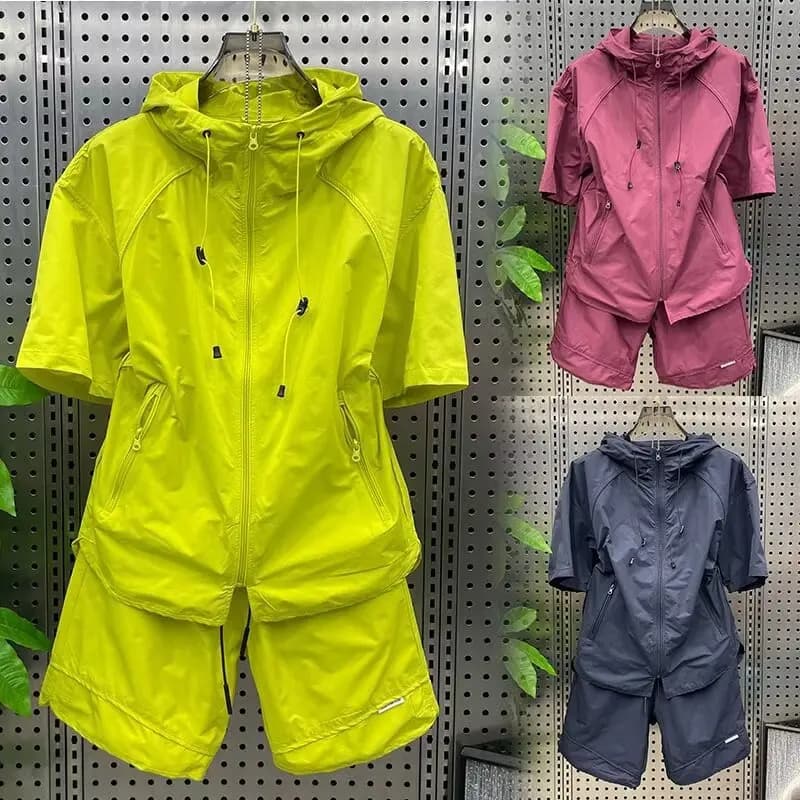 Men Plus Size Summer Quick Dry Sportswear 2 Piece Set Hooded Short Sleeve Jacket + Shorts Loose Fit Outdoor Hiking Tracksuit