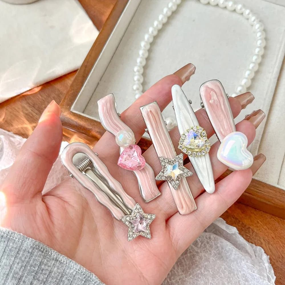 5Pcs/Set Sweet Galaxy Pink Hair Clips Cool Shiny Rhinestone Hairpins Star Pentagram Heart Shape Hair Accessories Women Girls