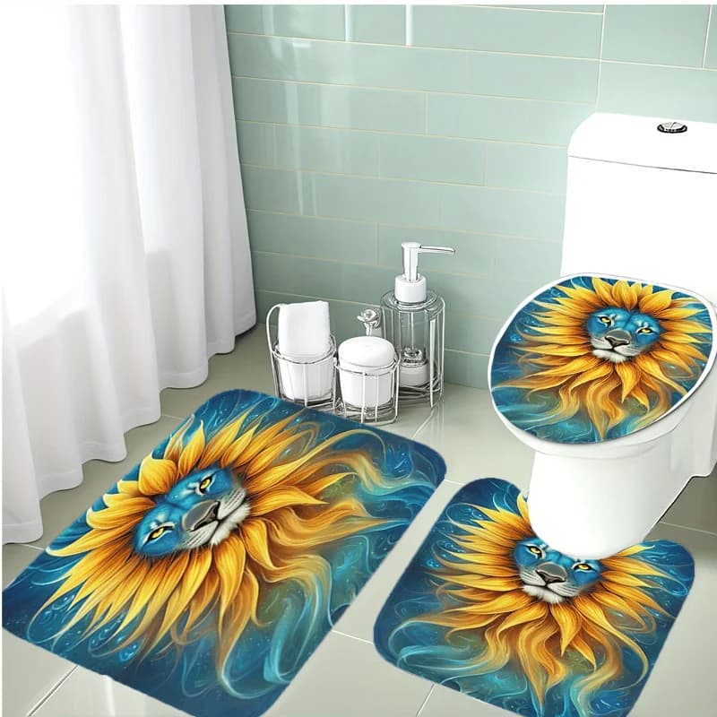 Set da bagno 3 pezzi Blue Yellow Lion – Design artistico con volto di girasole, morbida copertura antiscivolo per WC, tappetino a U e tappeto da pavimento, lavabile in lavatrice