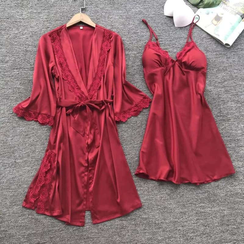 2PCS Estate Leepwear Pigiama femminile Set Raso Casa Pyjamamas Abito di pizzo Abito da notte con scollo a V Indumenti da notte da sposa Indossare Nighty & Robe