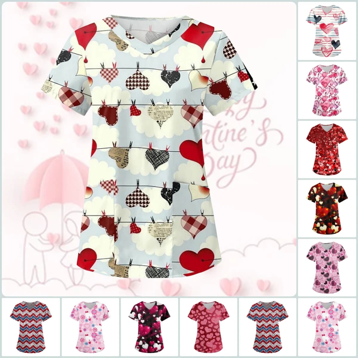 T-shirt da donna con scollo a V Top con stampa di San Valentino T-shirt da donna tascabile per ospedale T-shirt per il Ringraziamento T-shirt uniforme da infermiera