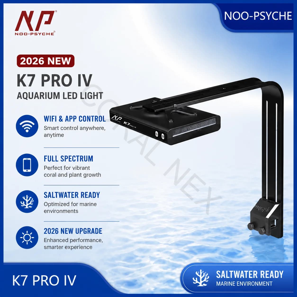 Nuova Lampada LED Marina V4 NooPsyche K7 PRO IV 100W 2026, Controllabile tramite App WiFi, Spettro Completo per Acqua Salata, Barriera Corallina SPS LPS