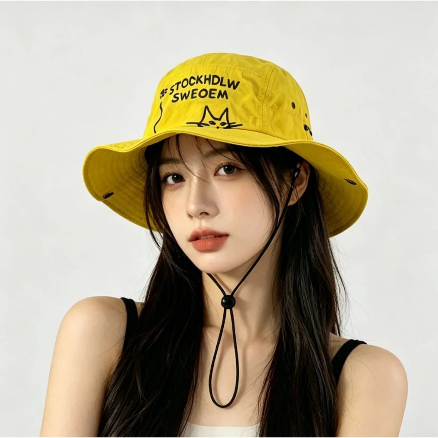 New Cute Kitten Embroidered Drawstring Quick-drying Hiking Caps for Men and Women Spring and Summer Big Head Shade Bucket Hat