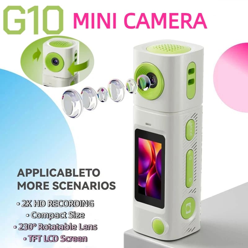 Fotocamera Digitale 2K G10 con Schermo LCD TFT, Fotocamera Portachiavi, Supporto Scheda di Memoria, Videocamera Ultra Compatta, Registratore Video 360 ° Lente Rotante