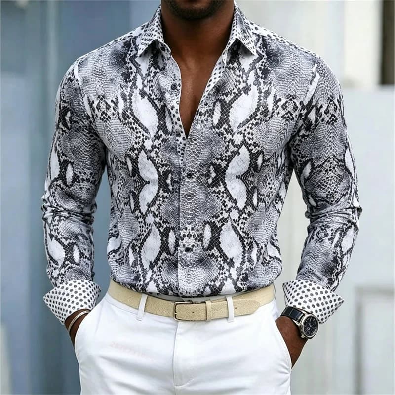 2026 New Men's Shirt Snake Print Long Sleeved Shirt Slim Fit No Iron Business Casual Shirt Street Style High-Quality Shirt