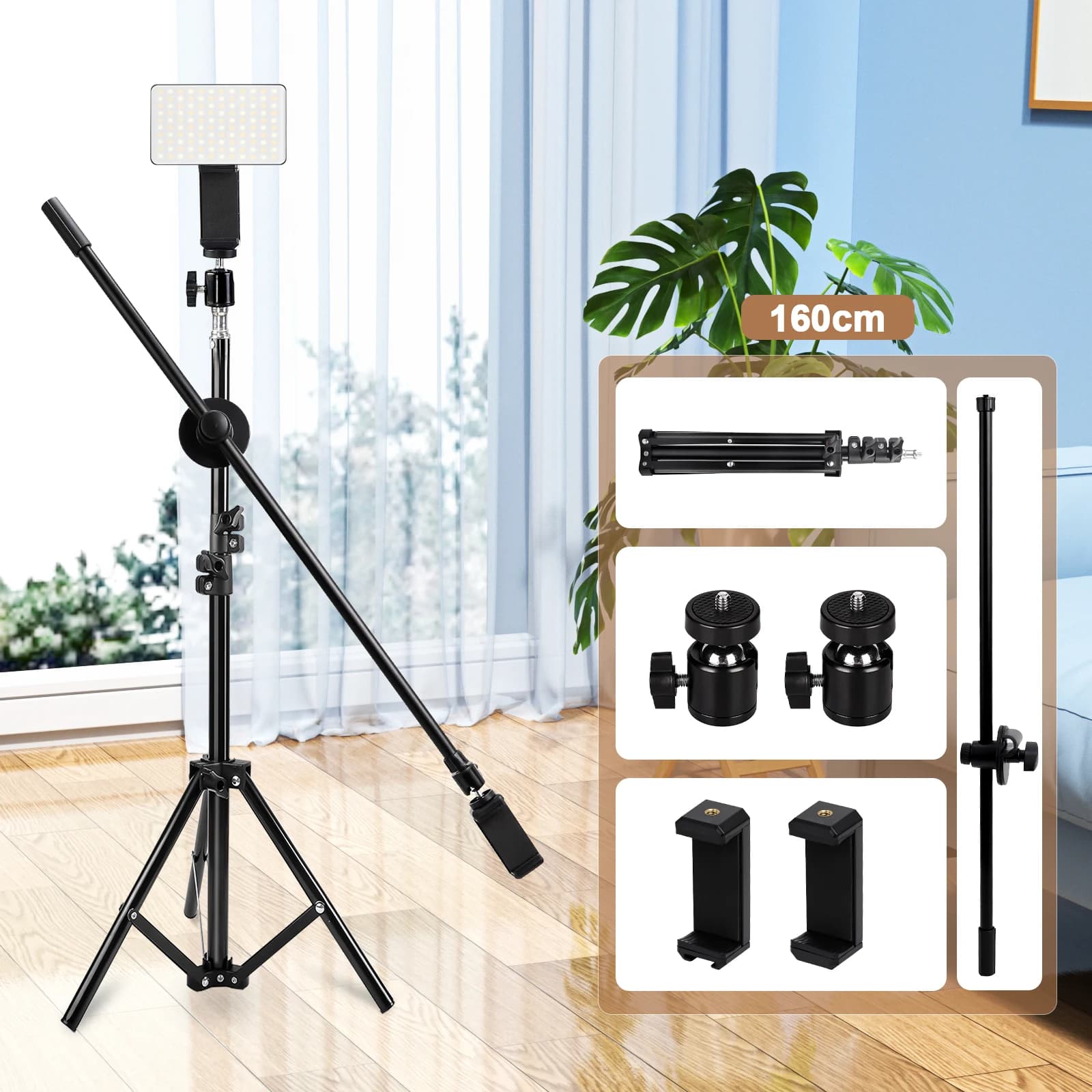 Laptop support for Phone and Microphone 63 Inch: Clamps Resistant with Clamp for Two Devices and Metal Ball Head with Multi-Angolo Rotation
