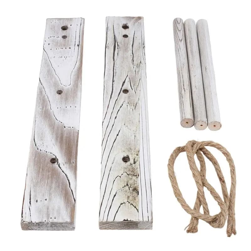 AEE8-3-Tier Mini Scala Portasciugamani da Parete in Legno Sbiancato con Corda