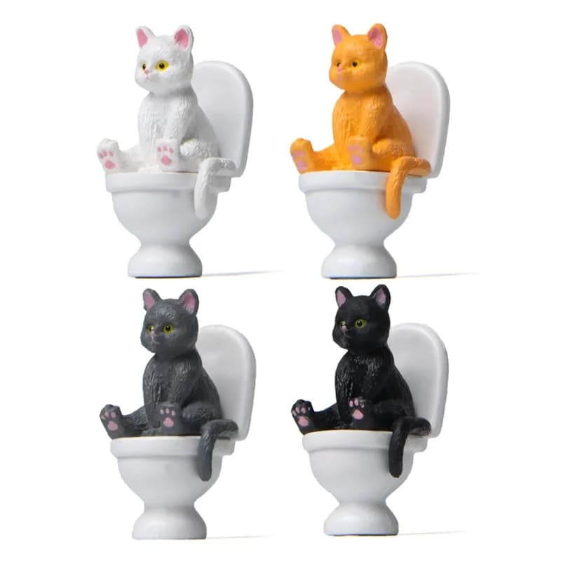 4 Styles of Sitting Toilet Cat Figurines for Bathroom, Creative Miniature Landscape Gardening Decor, Room Ornaments