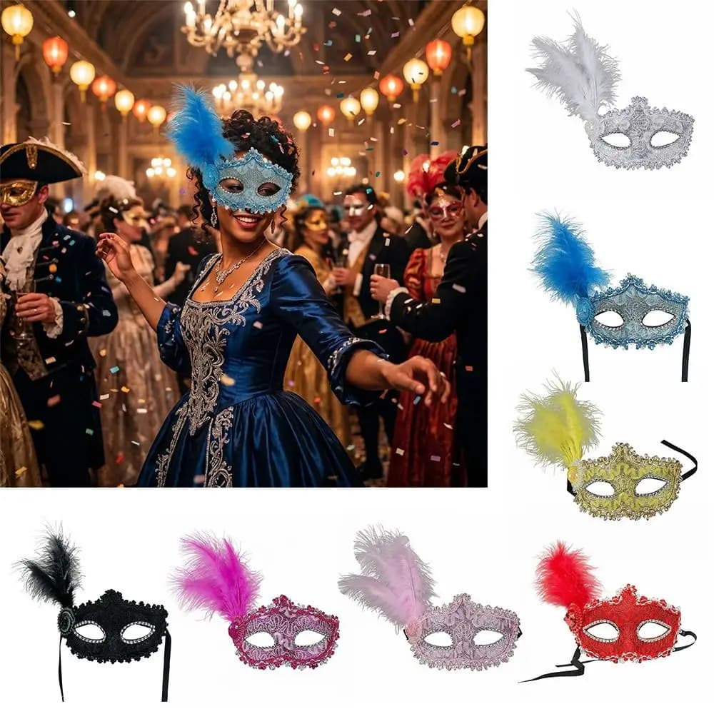 Maschera per Occhi in Pizzo alla Moda, Leggera con Piume, Copertura Mezza Faccia per Signore, Maschera per Mardi Gras, Cosplay e Mascherata
