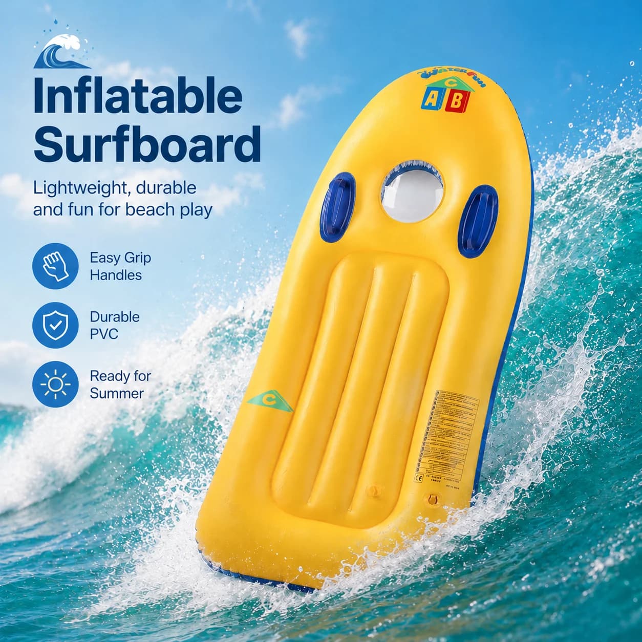 Inflatable Surfboard Bodyboard 113x51cm with Dual Handles & Viewing Window, Lightweight PVC Board for Beach Pool Water Sports