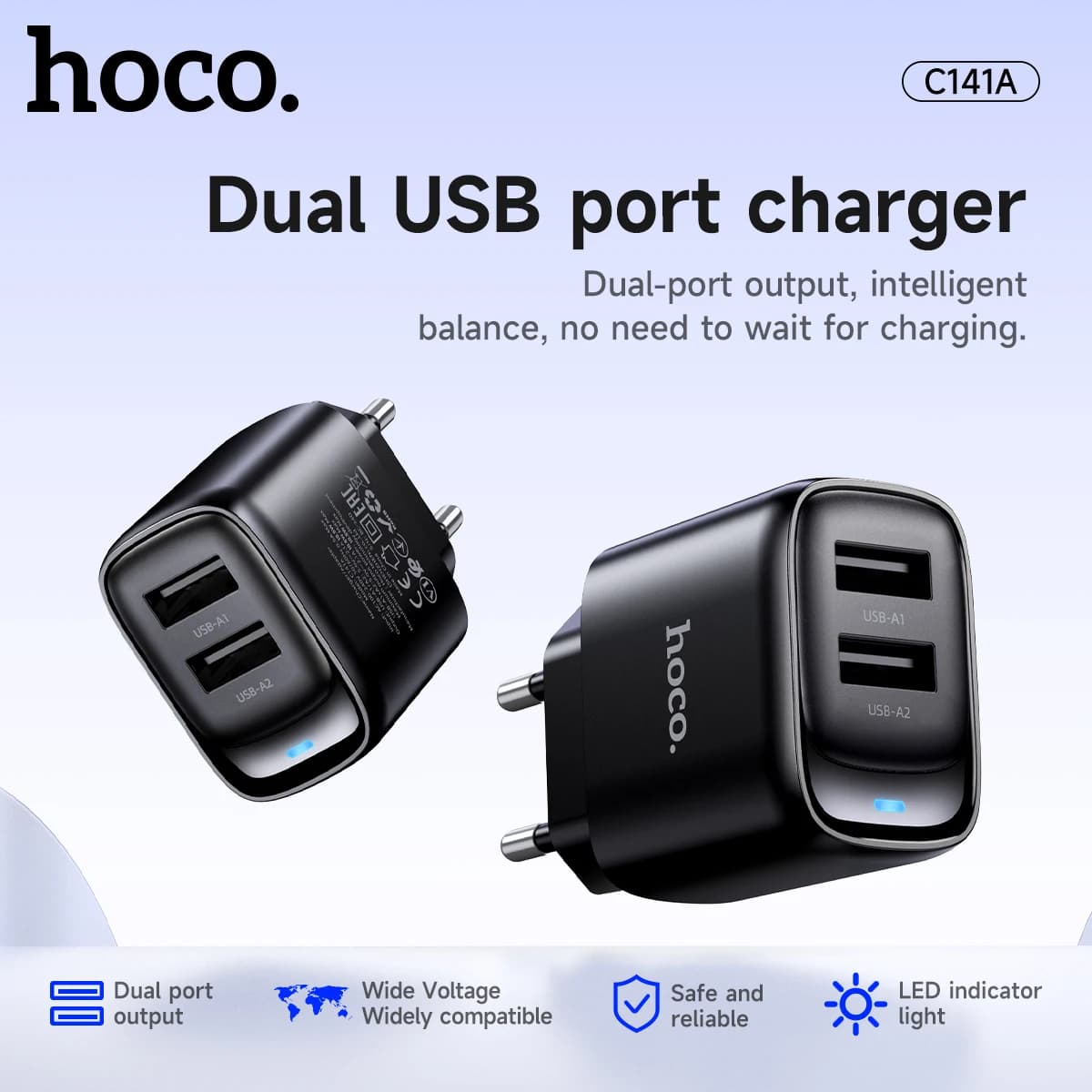 HOCO Dual USB A Adattatore di ricarica per telefono per Samsung A51 A71 Caricatore da viaggio da parete con spina europea con indicatore LED per Smart Watch