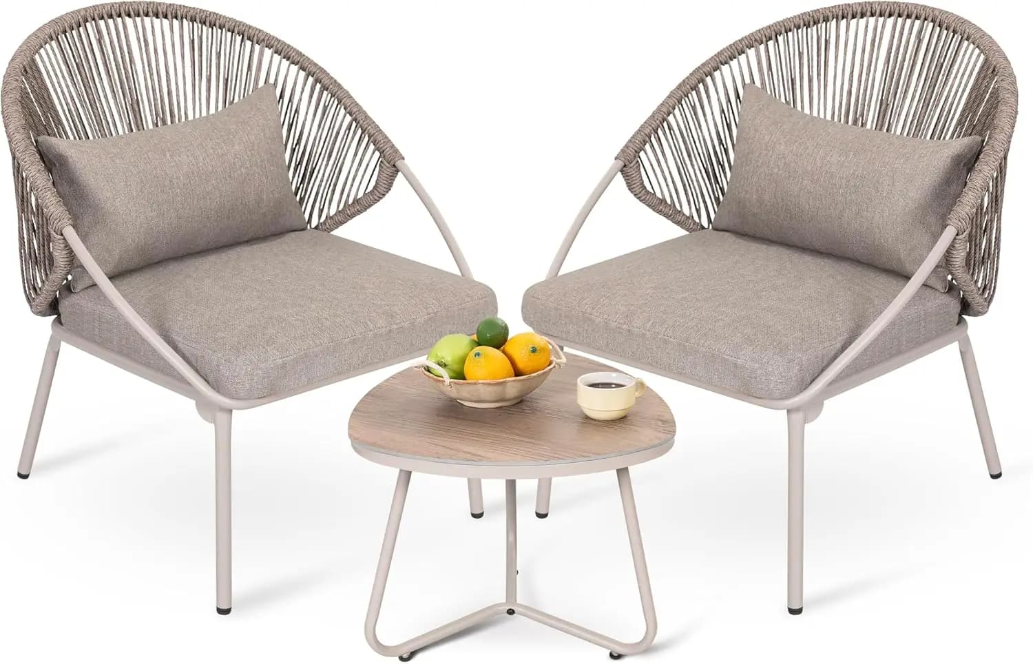 Set Bistrot da Esterno in 3 Pezzi con Sedie in Corda Intrecciata, Cuscini con Cerniera, Arredamento da Giardino Resistente alle Intemperie per Balcone o Terrazza