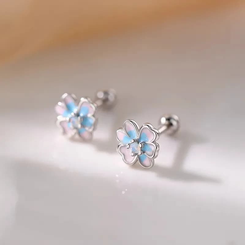 Silver Color Enamel Flower Bead Screw Plant Stud Earrings For Women Classic Fine Jewelry Exquisite Accessories