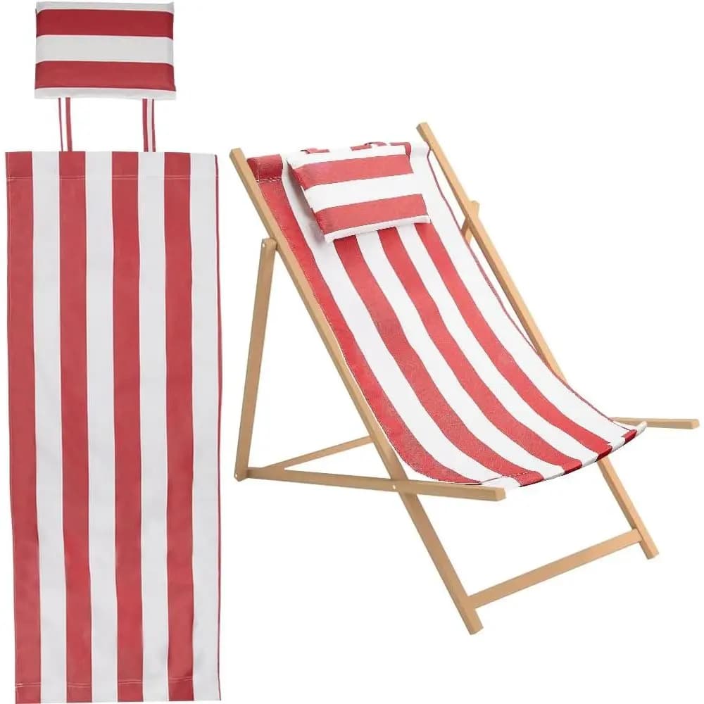 Sedia a sdraio da spiaggia in tessuto con cuscino 44x17 a righe rosse e bianche, sedia lounge casual da giardino, ricambio per sedia da esterno pieghevole