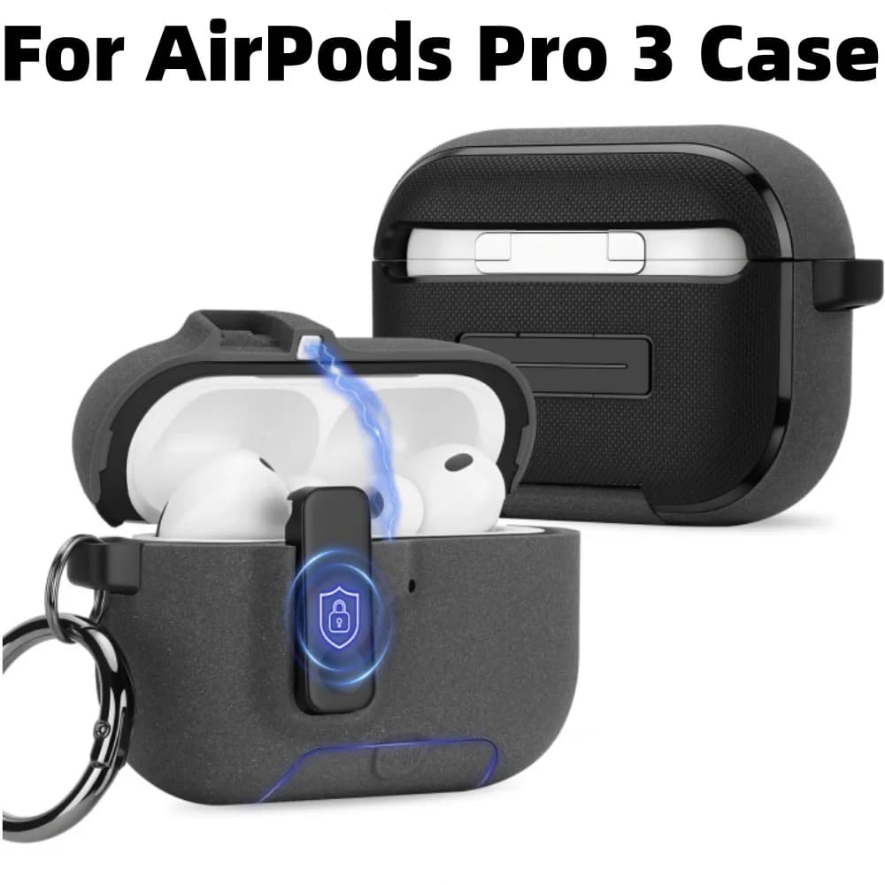Custodia Magnetica Antiurto per Airpods Pro 3 con Cavalletto, Portachiavi e Cordino, Protezione Anticaduta per Uomo e Donna