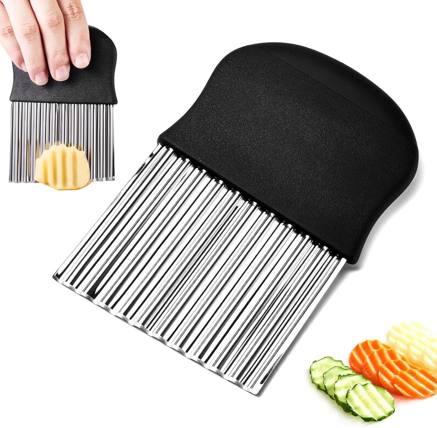 Handheld Wavy Blade Vegetable Slicer 2 Pack Black, Stainless Steel Potato French Fry Cutter Knife, Easy Cutting Kitchen Tool for Fruit and Vegetable Cooking Preparation