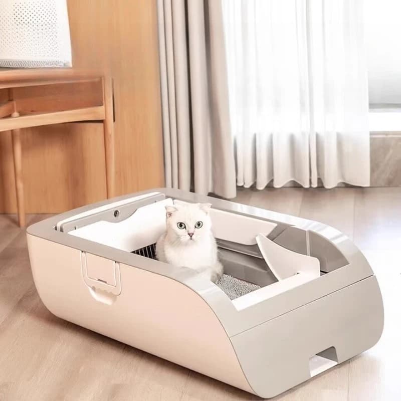 Lettiera per gatti aperta con pulizia automatica intelligente, set completo automatico bianco