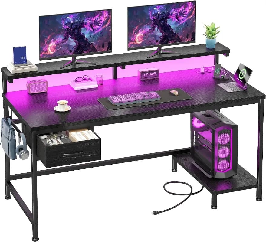 DurayLoly Gaming Desk with Power Outlet and LED Lights,Computer Desk with Adjutable Monitor Stand and Drawer,Office Desk with