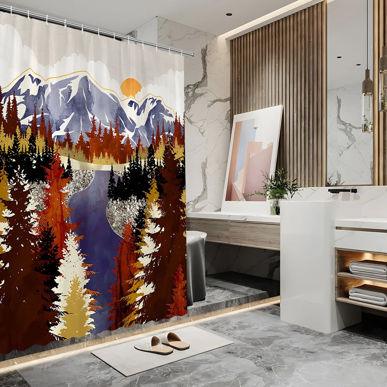 Mountain Landscape Shower Curtain - Majestic Pine Trees, Snowy Peaks, and Stunning Sunset for Scenic Bathroom Decor