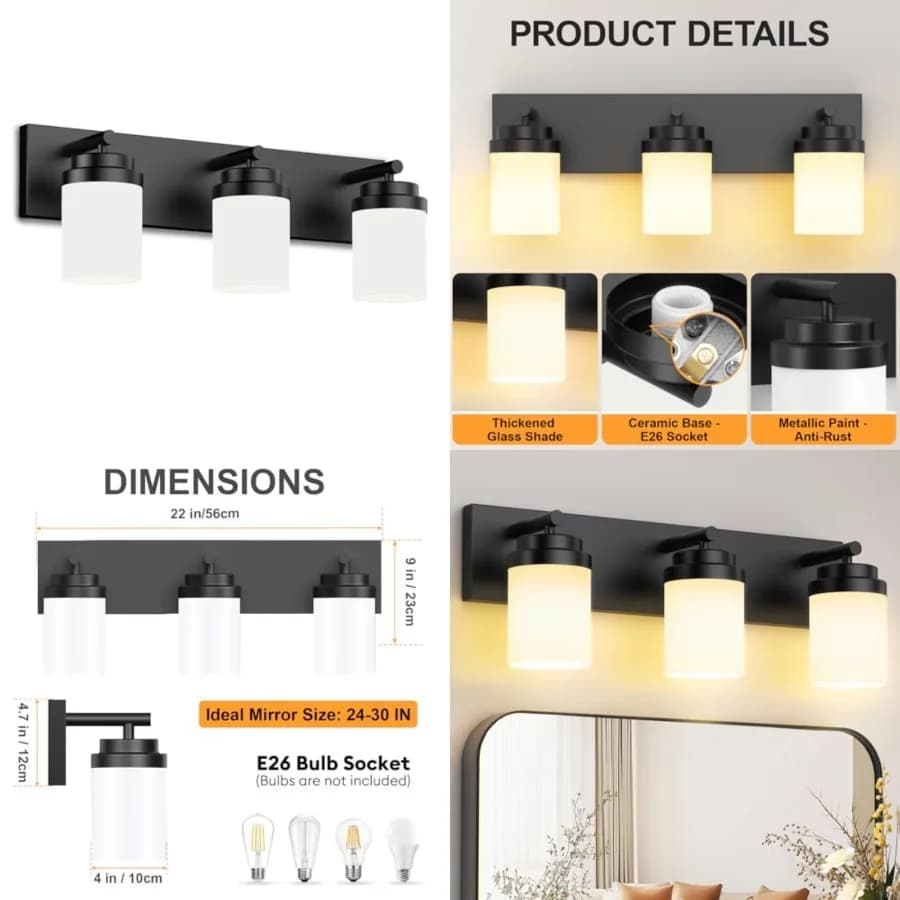Lampada da Bagno per Specchio, 22 Pollici, Nero Opaco, con Paralume in Vetro Bianco, Stile Moderno Rustico