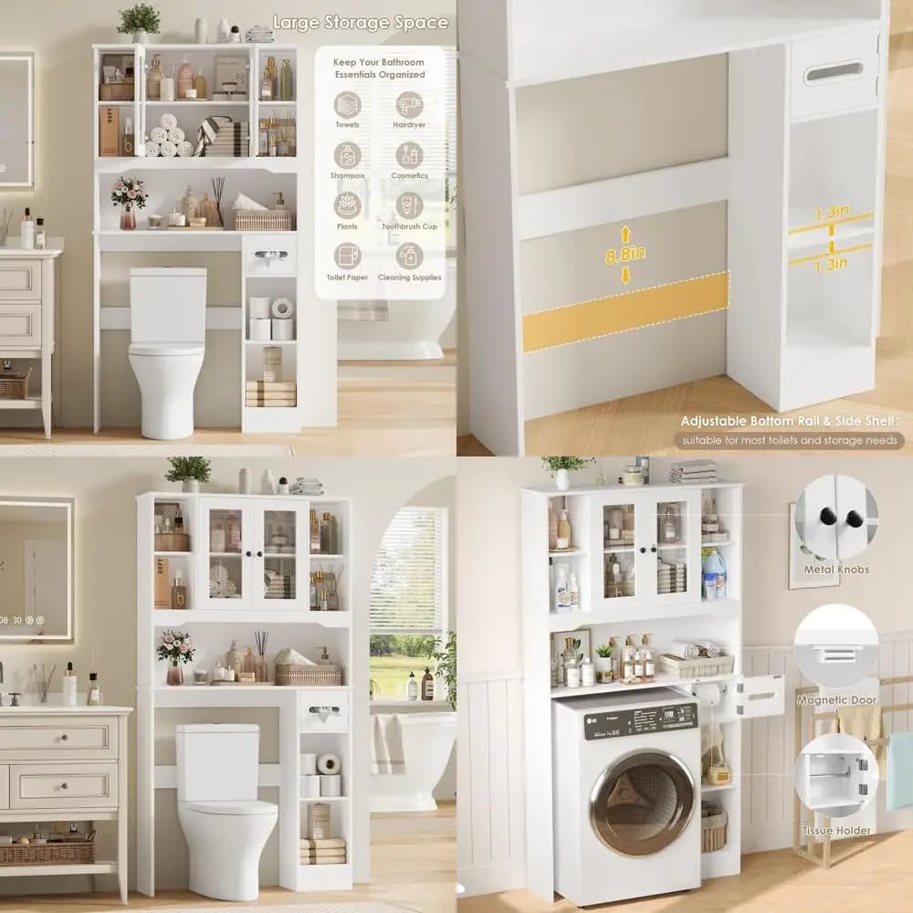 Mobiletto Bianco da Posizionare Sopra il WC con 2 Ante in Vetro e Portarotolo, Ripiani Regolabili per Bagno e Lavanderia