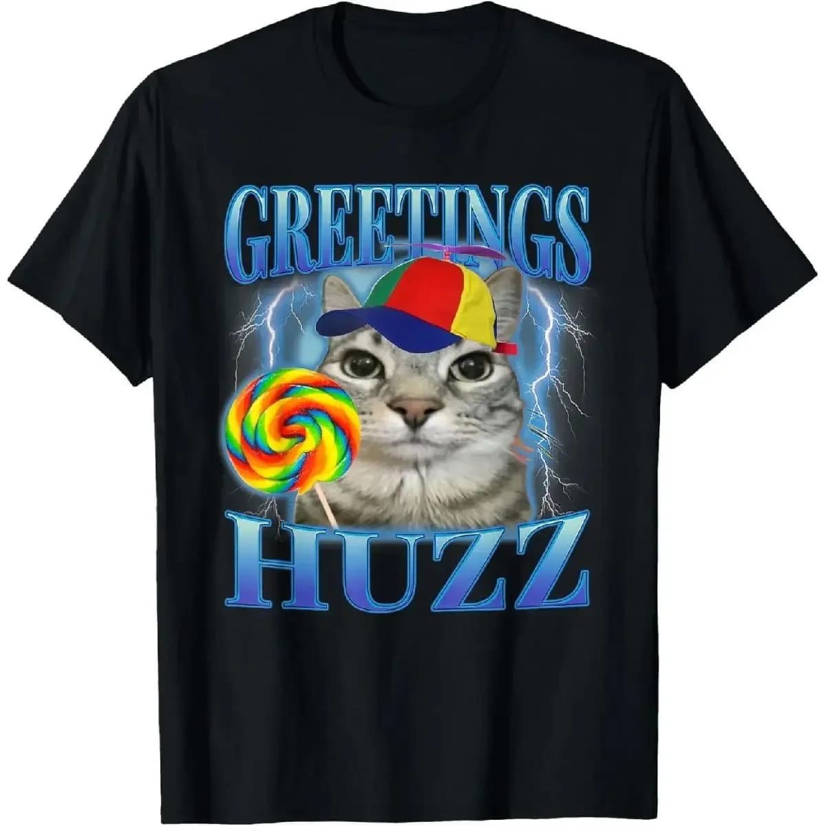 Comfort Cotton Lollipop Cat Meme Greetings Huzz Funny Silly Cats Brainrot T-Shirt